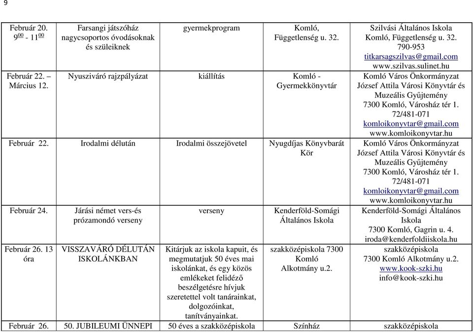 13 óra Járási német vers-és prózamondó verseny VISSZAVÁRÓ DÉLUTÁN ISKOLÁNKBAN verseny Kitárjuk az iskola kapuit, és megmutatjuk 50 éves mai iskolánkat, és egy közös emlékeket felidéző beszélgetésre