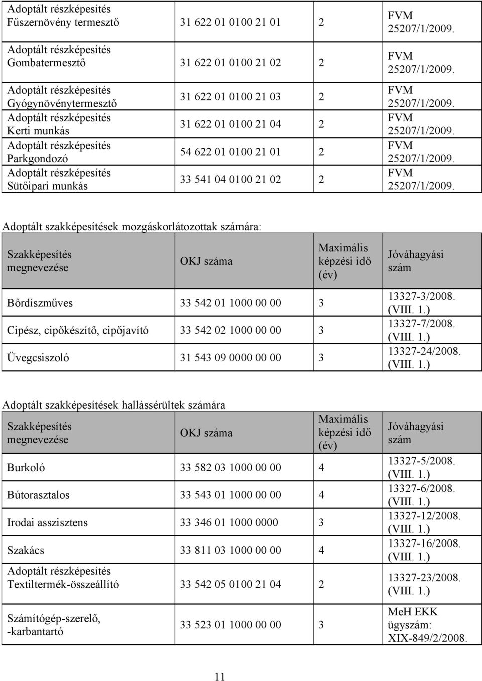 542 02 1000 00 00 3 Üvegcsiszoló 31 543 09 0000 00 00 3 Maximális képzési idő (év) Jóváhagyási szám 13327-3/2008. 13327-7/2008. 13327-24/2008.