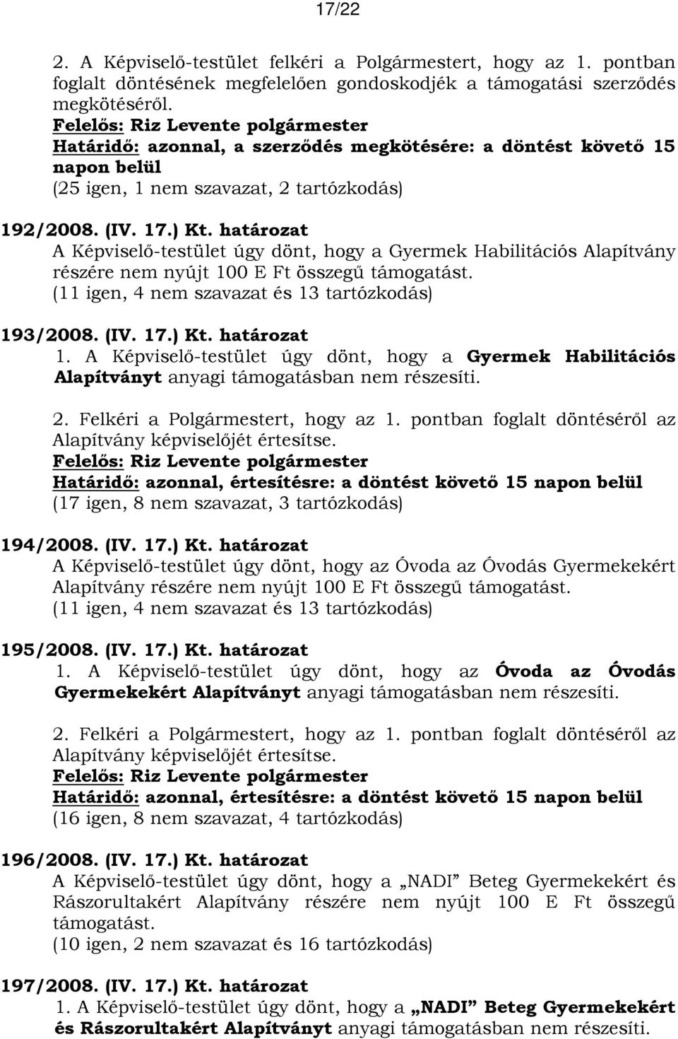 határozat A Képviselő-testület úgy dönt, hogy a Gyermek Habilitációs Alapítvány részére nem nyújt 100 E Ft összegű támogatást. (11 igen, 4 nem szavazat és 13 tartózkodás) 193/2008. (IV. 17.) Kt.