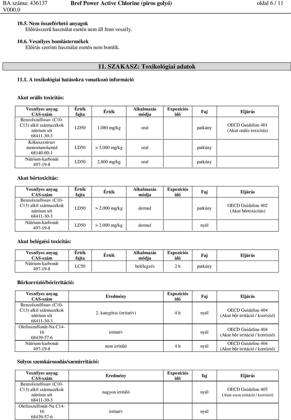 SZAKASZ: Toxikológiai adatok Akut orális toxicitás: Kókuszzsírsav monoetanolamid 68140-00-1 Nátrium-karbonát 497-19-8 fajta Alkalmazás módja LD50 1.080 mg/kg oral patkány LD50 > 5.