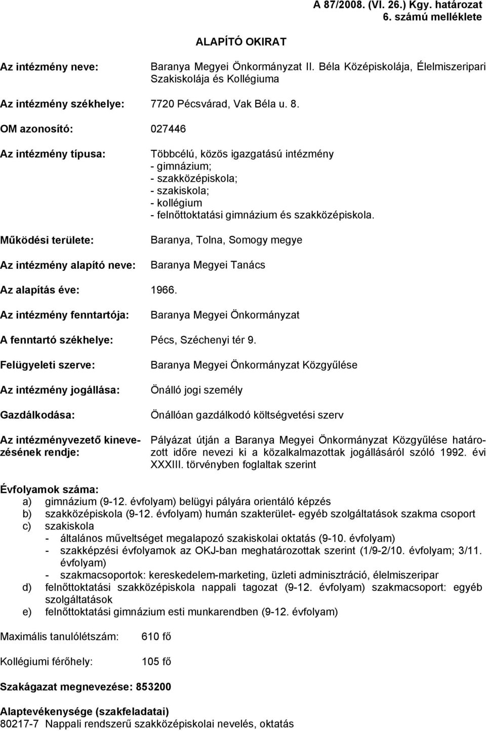 OM azonosító: 027446 Az intézmény típusa: Működési területe: Az intézmény alapító neve: Többcélú, közös igazgatású intézmény - gimnázium; - szakközépiskola; - szakiskola; - kollégium -