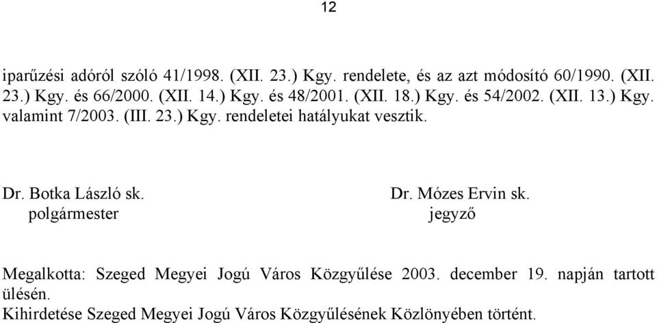 Dr. Botka László sk. polgármester Dr. Mózes Ervin sk. jegyző Megalkotta: Szeged Megyei Jogú Város Közgyűlése 2003.