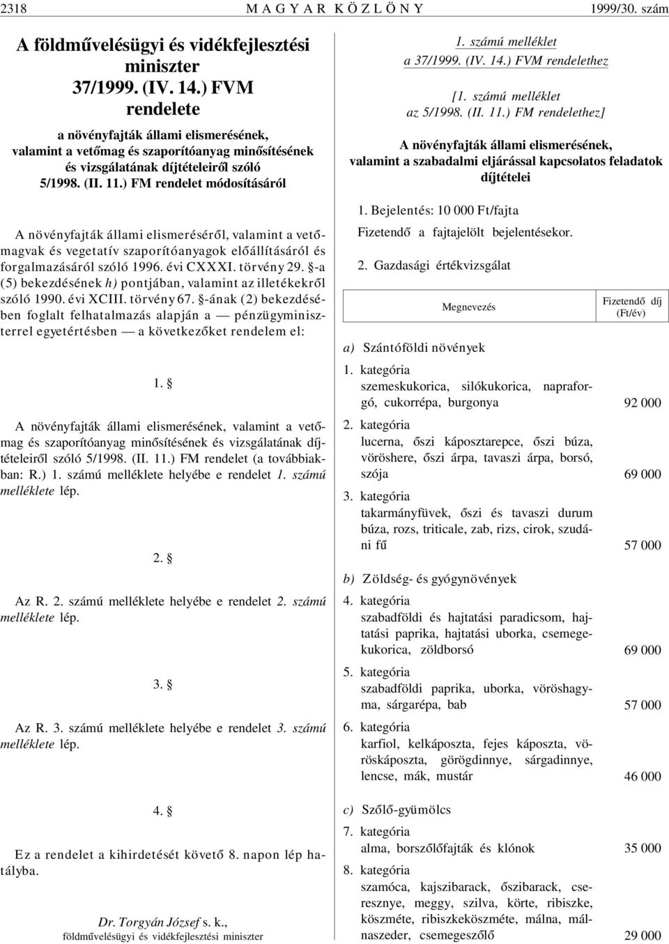 ) FM rendelet módosításáról A növényfajták állami elismerésér ól, valamint a vet ómagvak és vegetatív szaporítóanyagok el óállításáról és forgalmazásáról szóló 1996. évi CXXXI. törvény 29.