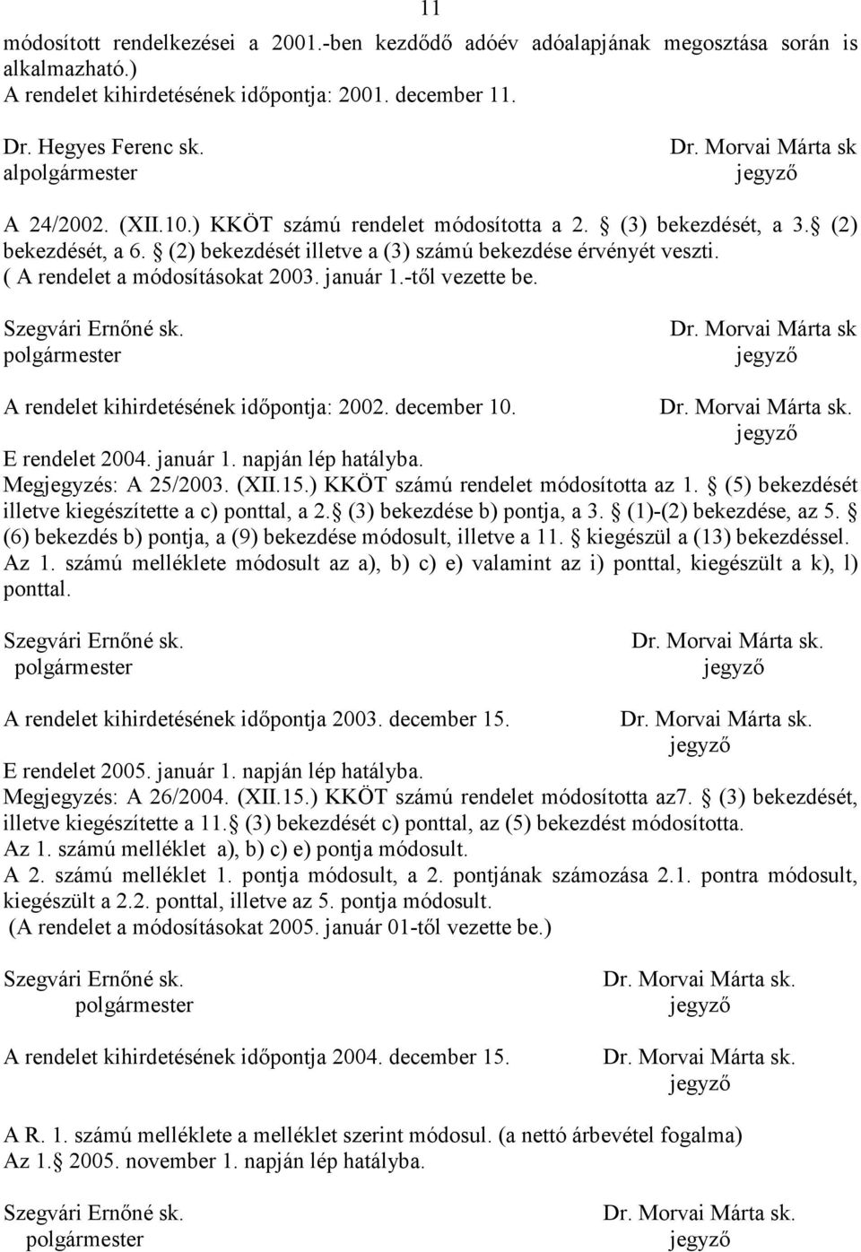 ( A rendelet a módosításokat 2003. január 1.-tıl vezette be. Szegvári Ernıné sk. polgármester Dr. Morvai Márta sk A rendelet kihirdetésének idıpontja: 2002. december 10. E rendelet 2004. január 1. napján lép hatályba.