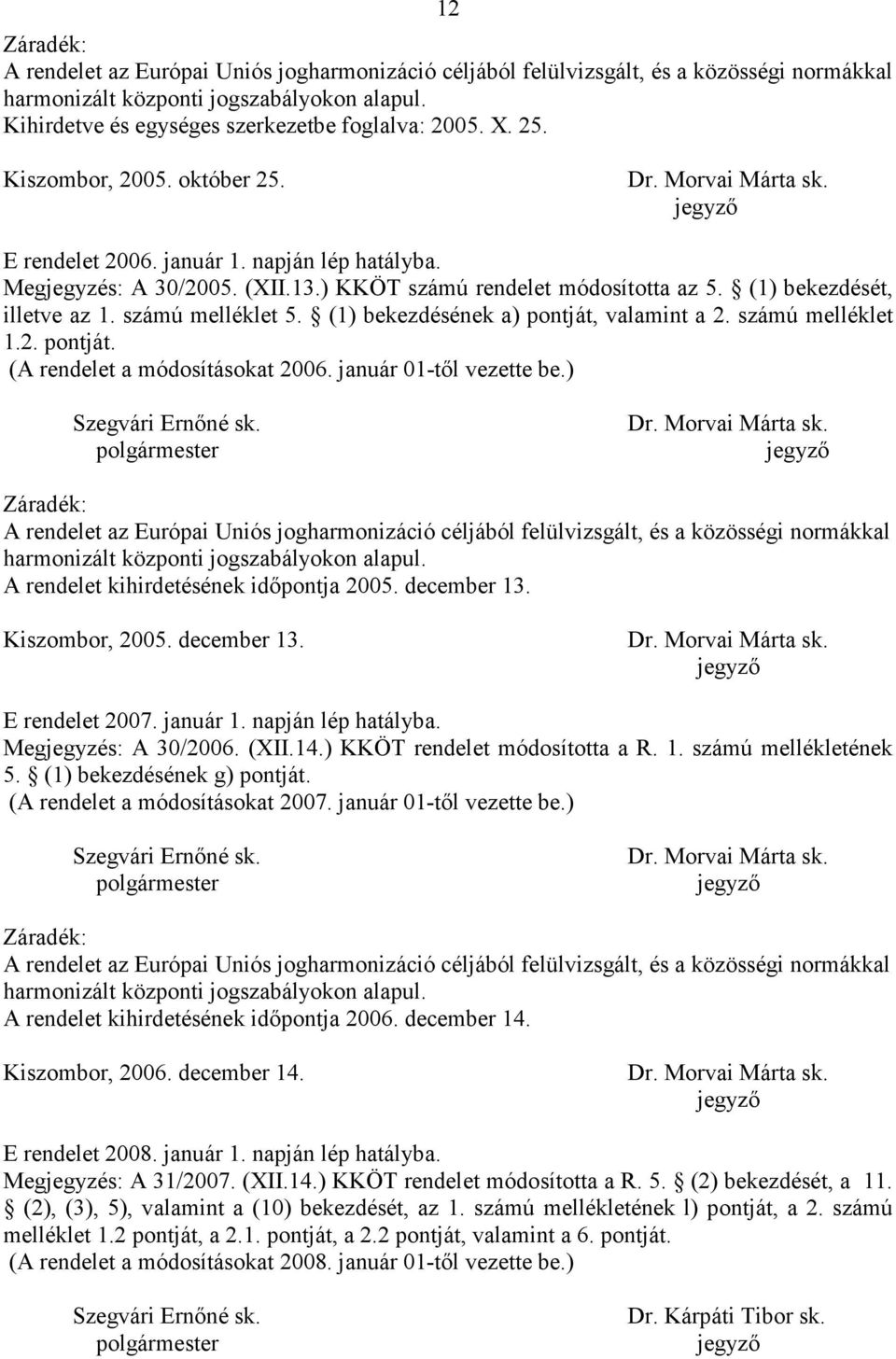 számú melléklet 5. (1) bekezdésének a) pontját, valamint a 2. számú melléklet 1.2. pontját. (A rendelet a módosításokat 2006. január 01-tıl vezette be.) Szegvári Ernıné sk.
