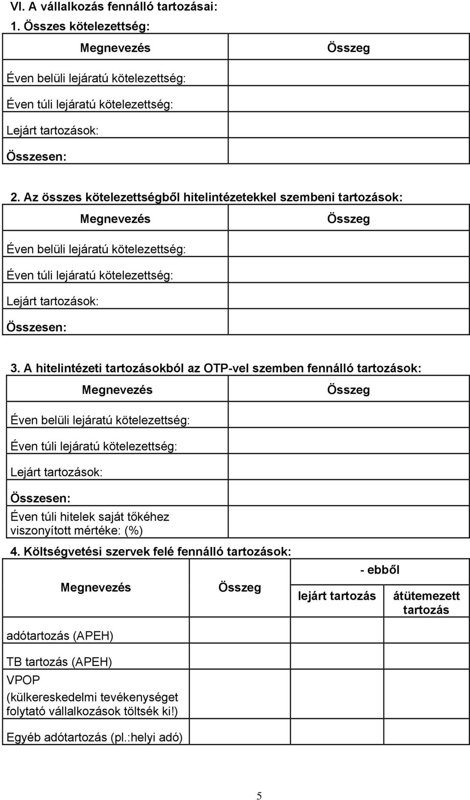 A hitelintézeti tartozásokból az OTP-vel szemben fennálló tartozások: Megnevezés Összeg Éven belüli lejáratú kötelezettség: Éven túli lejáratú kötelezettség: Lejárt tartozások: Összesen: Éven túli