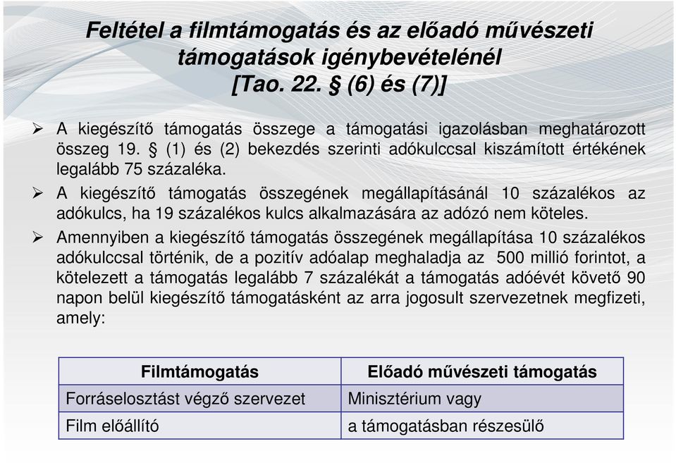 A kiegészítő támogatás összegének megállapításánál 10 százalékos az adókulcs, ha 19 százalékos kulcs alkalmazására az adózó nem köteles.