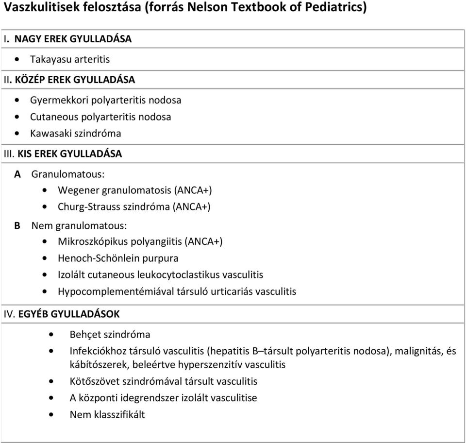 KIS EREK GYULLADÁSA A Granulomatous: Wegener granulomatosis (ANCA+) Churg-Strauss szindróma (ANCA+) B Nem granulomatous: Mikroszkópikus polyangiitis (ANCA+) Henoch-Schönlein purpura Izolált