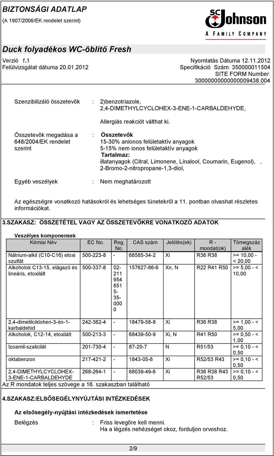 Eugenol),, 2-Bromo-2-nitropropane-1,3-diol, Egyéb veszélyek : Nem meghatározott Az egészségre vonatkozó hatásokról és lehetséges tünetekről a 11. pontban olvashat részletes információkat. 3.