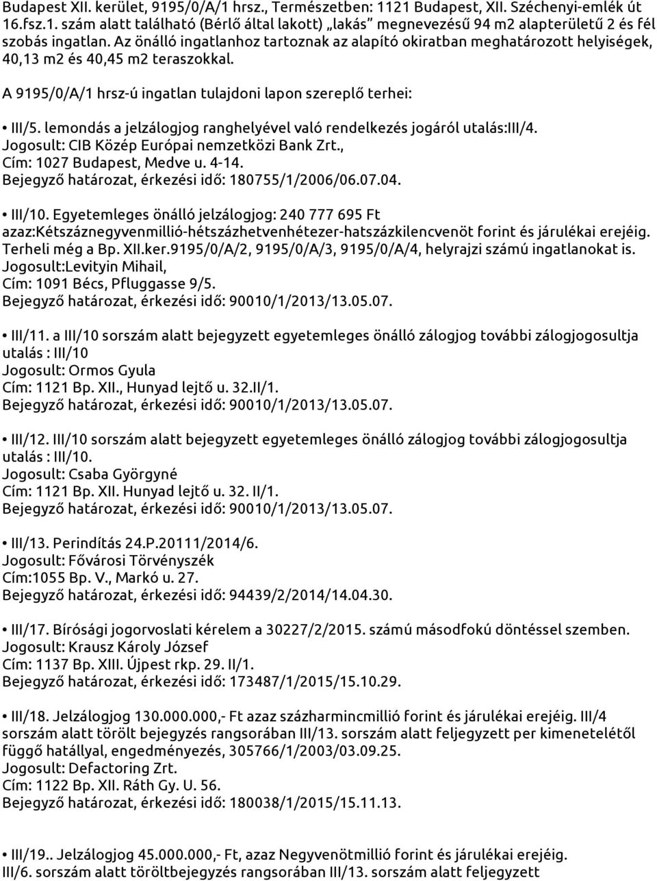 lemondás a jelzálogjog ranghelyével való rendelkezés jogáról utalás:iii/4. Jogosult: CIB Közép Európai nemzetközi Bank Zrt., Cím: 1027 Budapest, Medve u. 4-14.