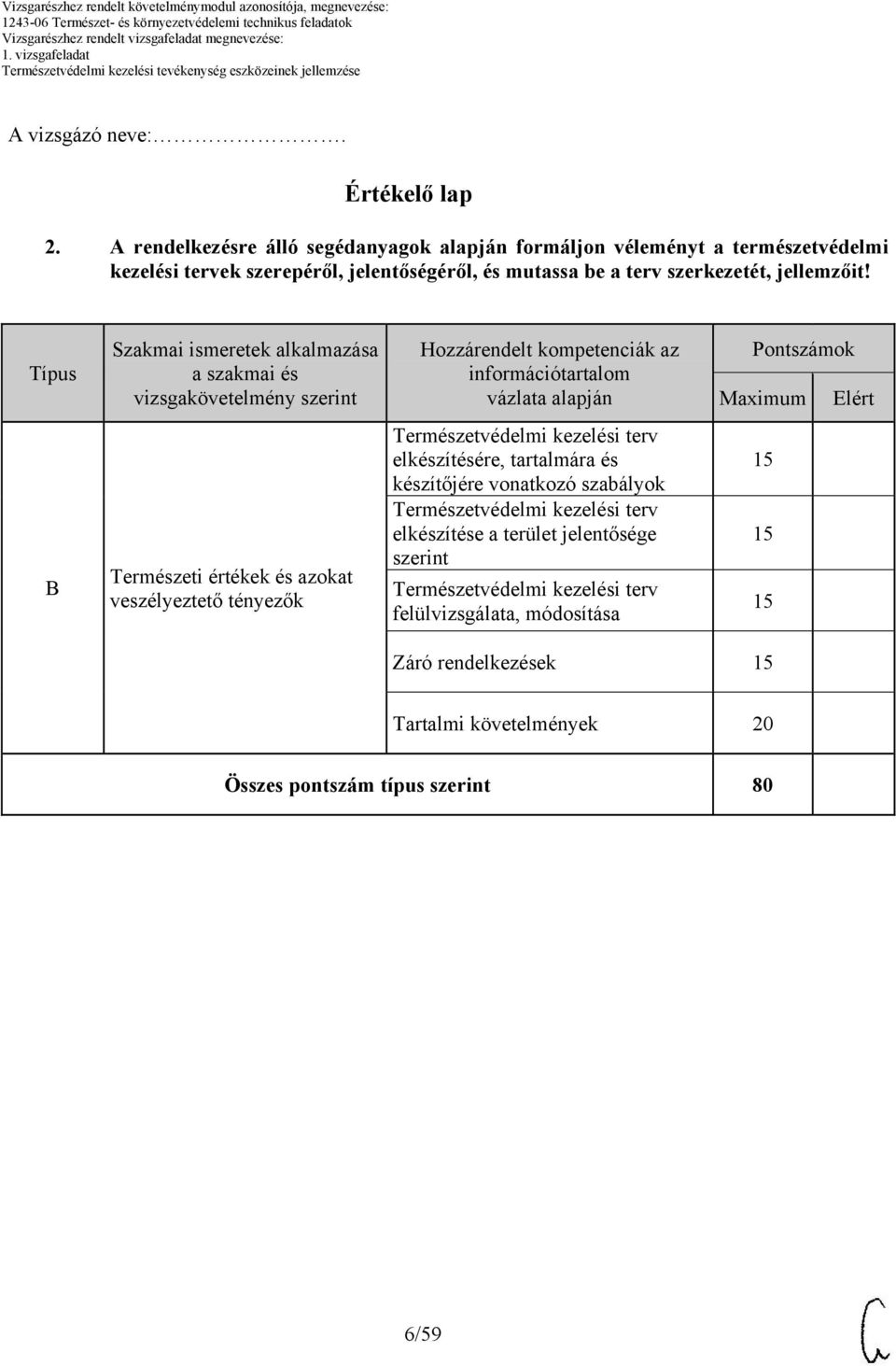 Típus Szakmai ismeretek alkalmazása a szakmai és vizsgakövetelmény szerint Hozzárendelt kompetenciák az információtartalom vázlata alapján Pontszámok Természeti értékek és azokat