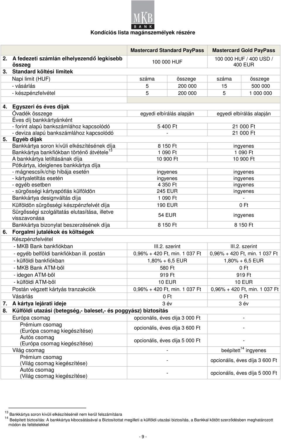Egyszeri és éves díjak Óvadék összege egyedi elbírálás alapján egyedi elbírálás alapján Éves díj bankkártyánként - forint alapú bankszámlához kapcsolódó 5 400 Ft 21 000 Ft - deviza alapú