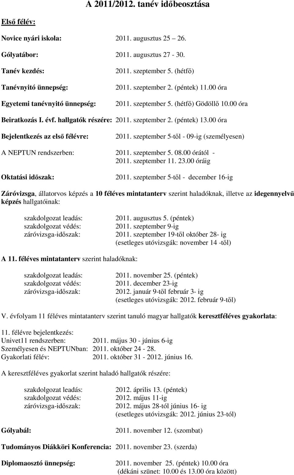 szeptember 5-től - 09-ig (személyesen) A NEPTUN rendszerben: 011. szeptember 5. 08.00 órától - 011. szeptember 11. 3.00 óráig Oktatási időszak: 011.
