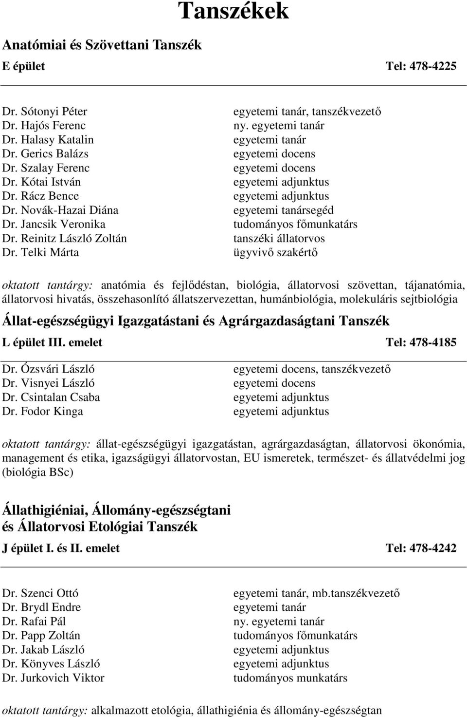 egyetemi tanár egyetemi tanár egyetemi docens egyetemi docens egyetemi adjunktus egyetemi adjunktus egyetemi tanársegéd tudományos főmunkatárs tanszéki állatorvos ügyvivő szakértő oktatott tantárgy: