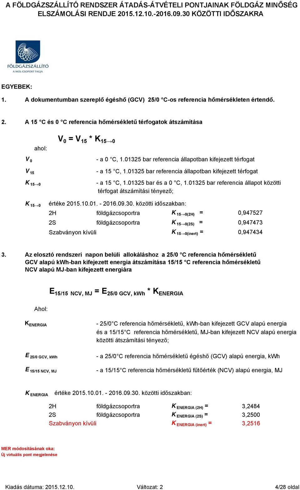 01325 bar referencia állapot közötti térfogat átszámítási tényező; K 15 0 értéke 2015.10.01. - 2016.09.30.