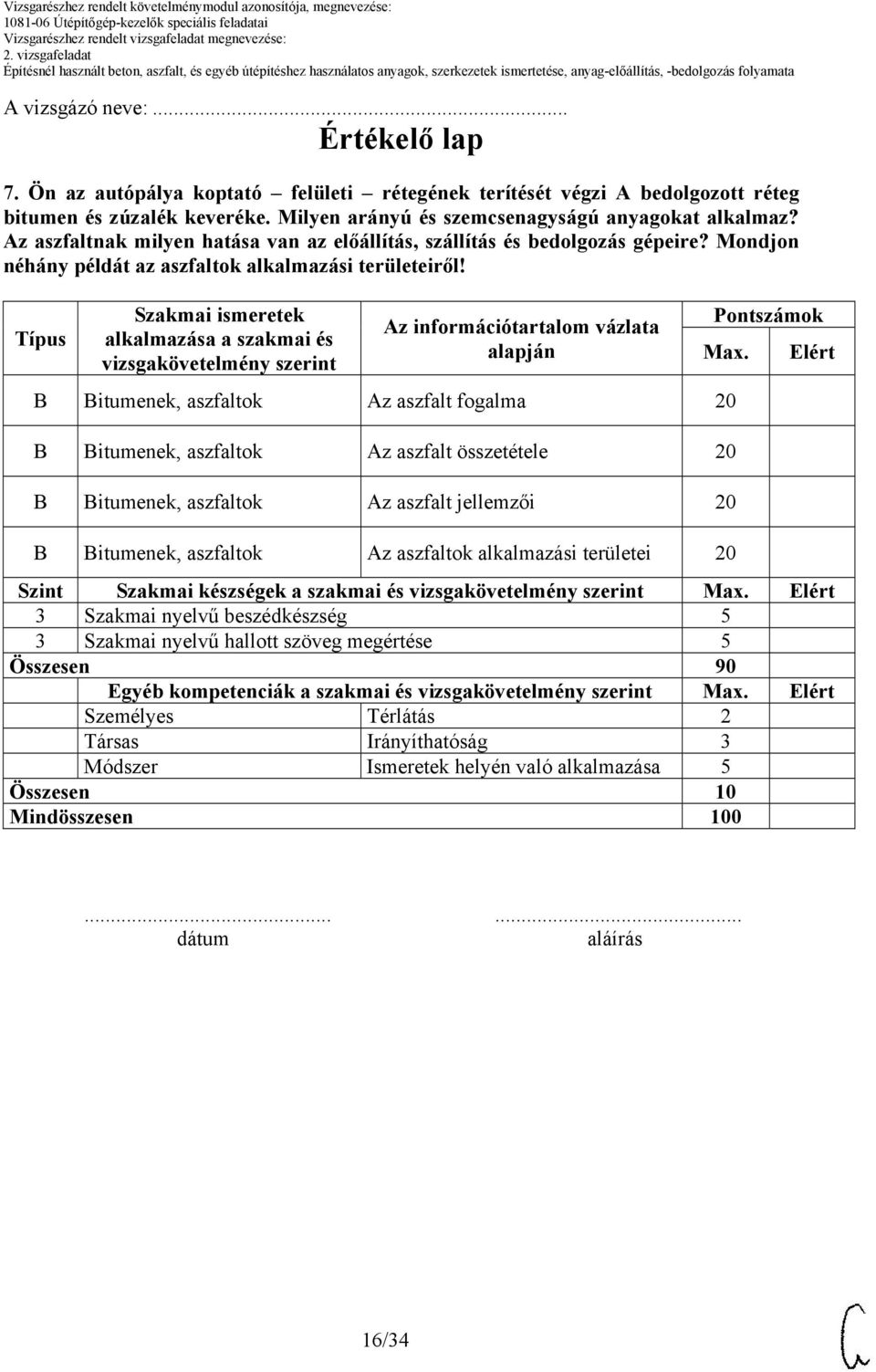 Típus Szakmai ismeretek alkalmazása a szakmai és vizsgakövetelmény szerint Az információtartalom vázlata alapján itumenek, aszfaltok Az aszfalt fogalma itumenek, aszfaltok Az aszfalt összetétele