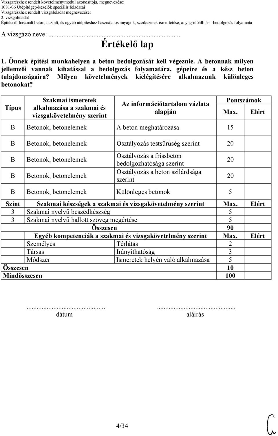 Típus Szakmai ismeretek alkalmazása a szakmai és vizsgakövetelmény szerint Az információtartalom vázlata alapján etonok, betonelemek A beton meghatározása 15 etonok, betonelemek Osztályozás