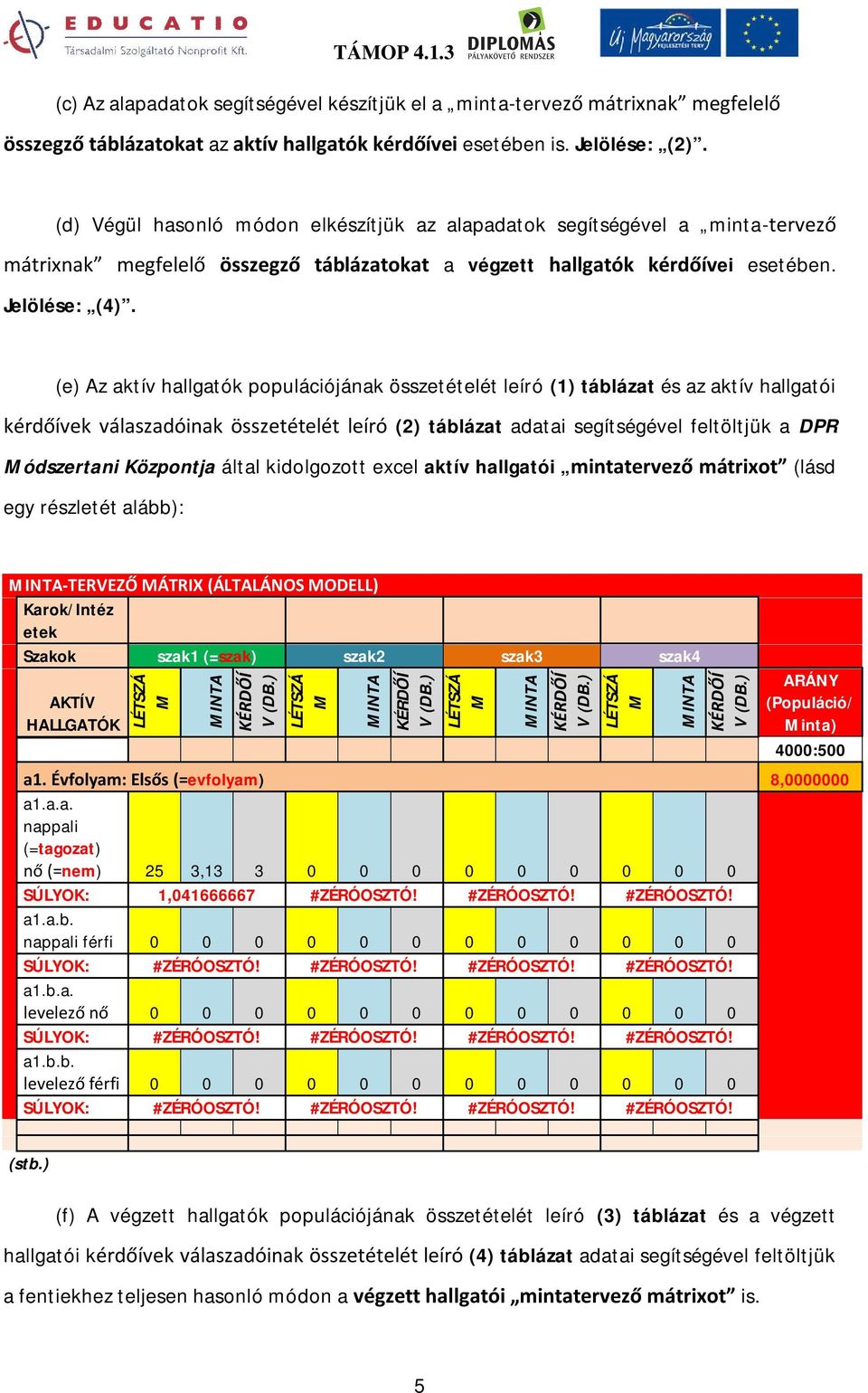 (e) Az aktív hallgatók populációjának összetételét leíró (1) táblázat és az aktív hallgatói kérdőívek válaszadóinak összetételét leíró (2) táblázat adatai segítségével feltöltjük a DPR Módszertani