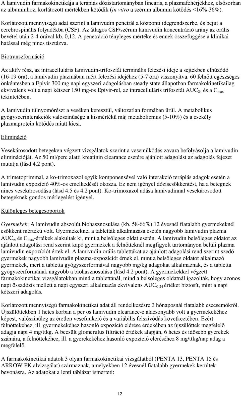 Az átlagos CSF/szérum lamivudin koncentráció arány az orális bevétel után 2-4 órával kb. 0,12. A penetráció tényleges mértéke és ennek összefüggése a klinikai hatással még nincs tisztázva.