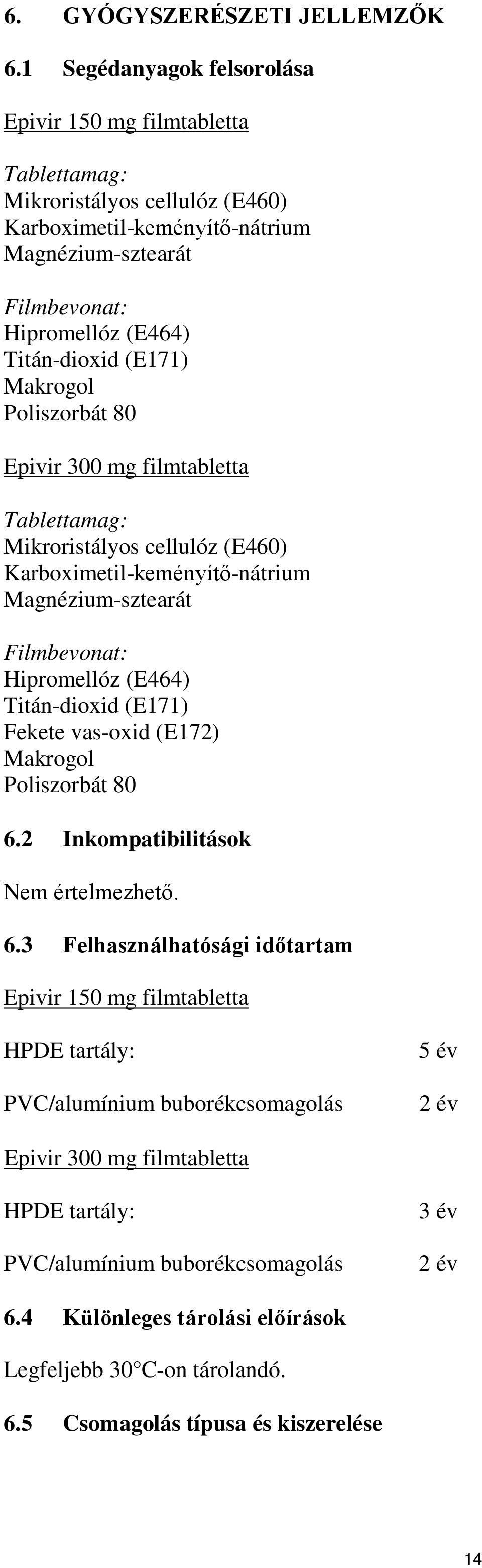 Makrogol Poliszorbát 80 Epivir 300 mg filmtabletta Tablettamag: Mikroristályos cellulóz (E460) Karboximetil-keményítő-nátrium Magnézium-sztearát Filmbevonat: Hipromellóz (E464) Titán-dioxid (E171)