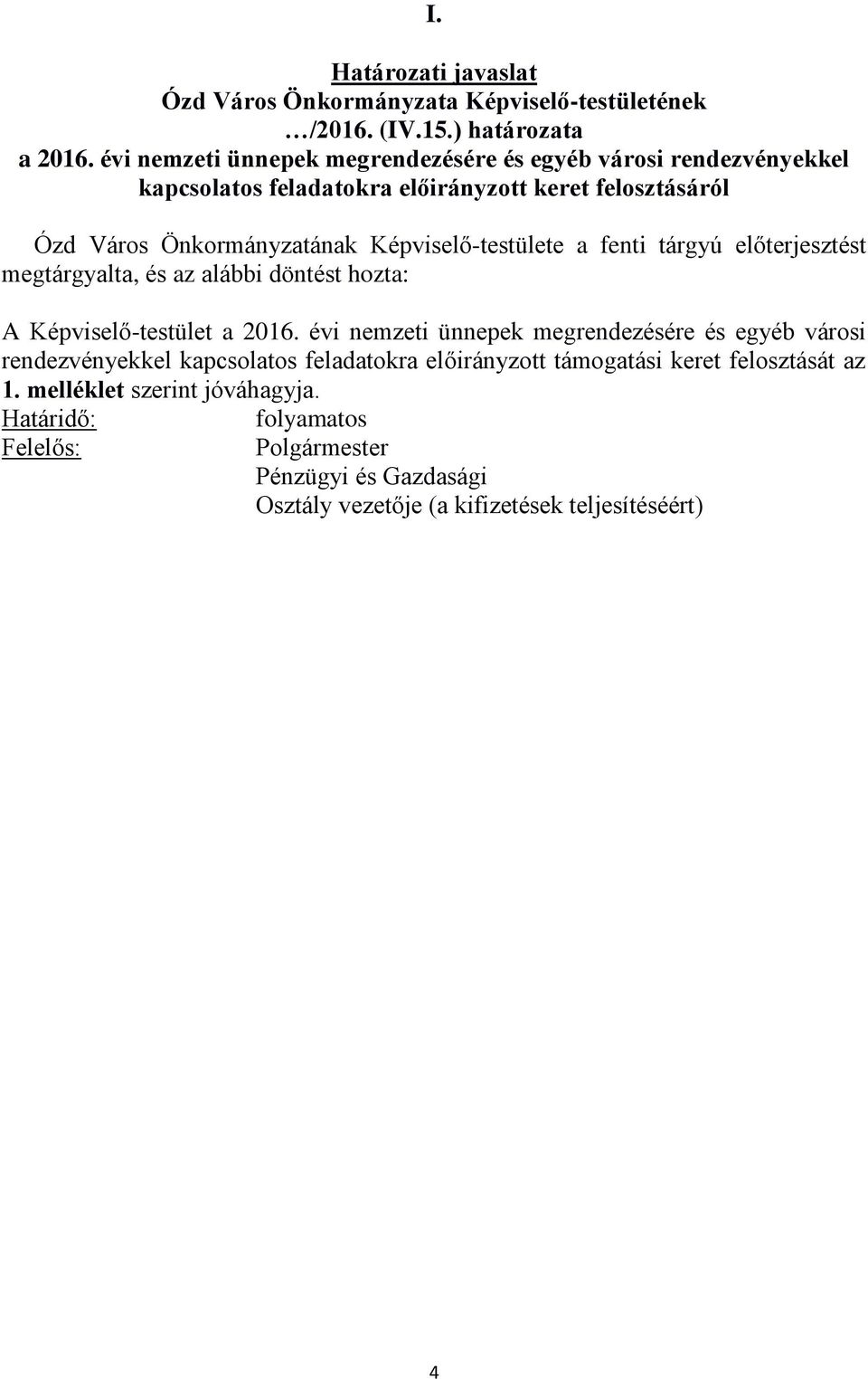 Képviselő-testülete a fenti tárgyú előterjesztést megtárgyalta, és az alábbi döntést hozta: A Képviselő-testület a 2016.