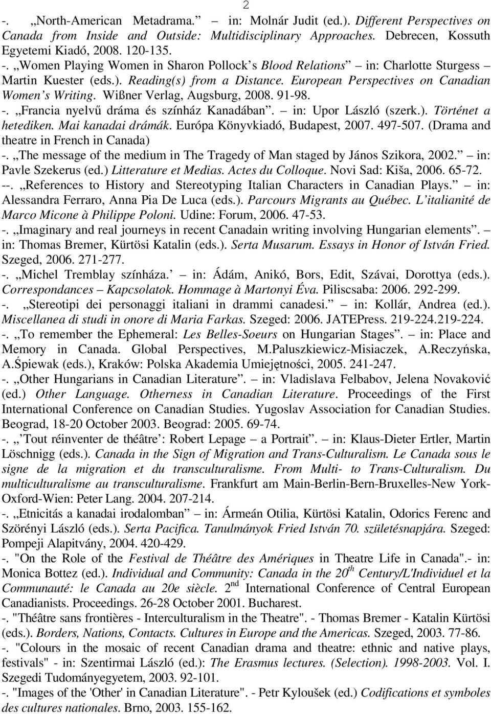 Mai kanadai drámák. Európa Könyvkiadó, Budapest, 2007. 497-507. (Drama and theatre in French in Canada) -. The message of the medium in The Tragedy of Man staged by János Szikora, 2002.
