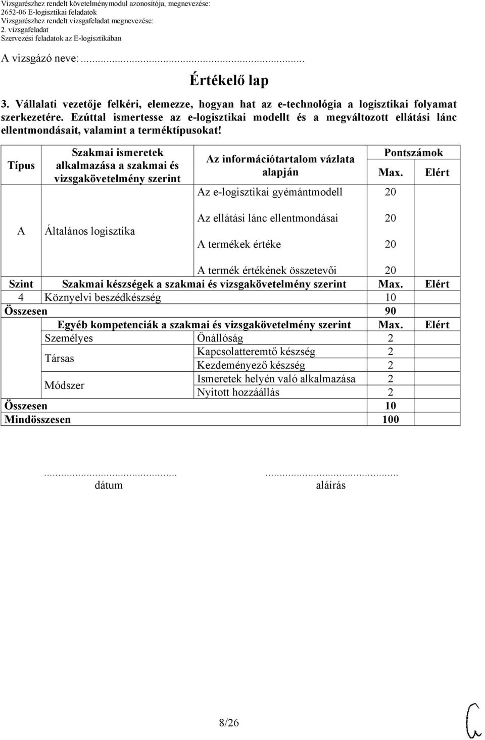 Típus Szakmai ismeretek alkalmazása a szakmai és vizsgakövetelmény szerint Az információtartalom vázlata alapján Az e-logisztikai gyémántmodell Pontszámok Max.