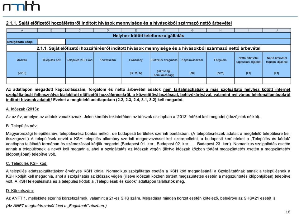 Nettó árbevétel kapcsolási díjakból Nettó árbevétel forgalmi díjakból (2013) (B, M, N) (lakossági, nem lakossági) [db] [perc] [Ft] [Ft] Az adatlapon megadott kapcsolásszám, forgalom és nettó