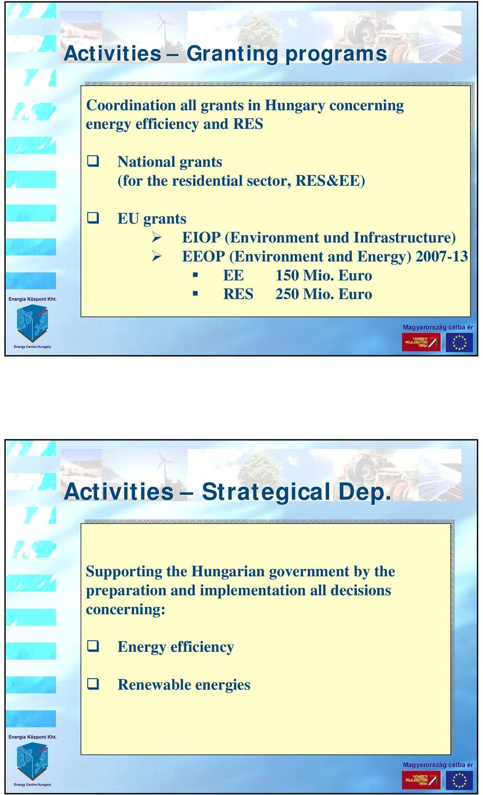 (Environment and Energy) 27-13 EE 15 Mio. Euro RES 25 Mio. Euro Activities Strategical Dep.
