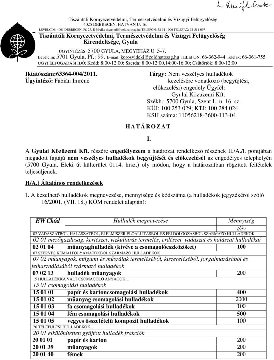 : 99. E-mail: korosvideki@zoldhatosag.hu TELEFON: 66-362-944 Telefax: 66-361-755 ÜGYFÉLFOGADÁSI IDŐ: Kedd: 8:00-12:00; Szerda: 8:00-12:00,14:00-16:00; Csütörtök: 8:00-12:00 Iktatószám:63364-004/2011.