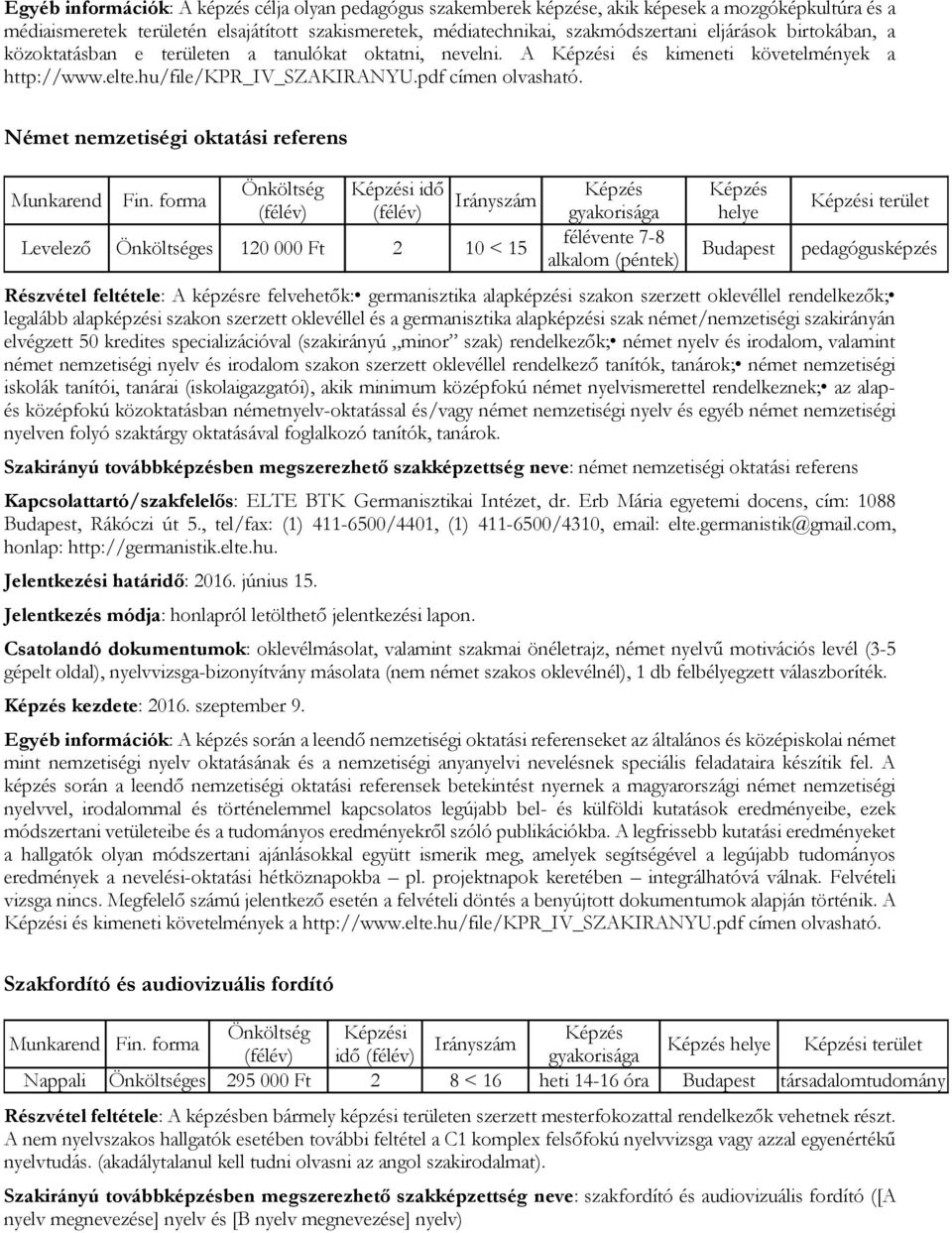 A i és kimeneti követelmények a Német nemzetiségi oktatási referens Önköltség i idő gyakorisága félévente 7-8 Levelező Önköltséges 120 000 Ft 2 10 < 15 alkalom (péntek) Budapest i terület