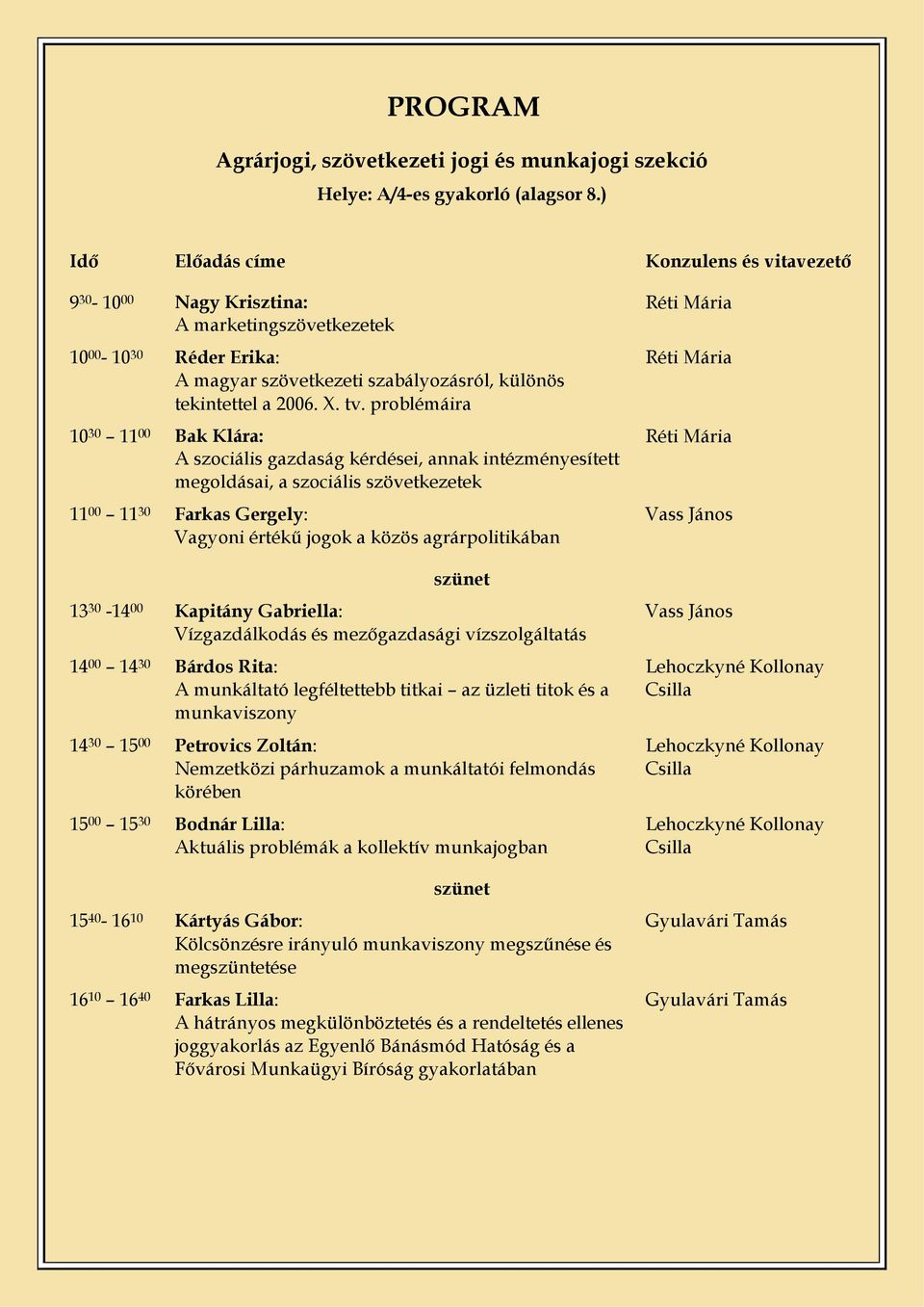 problémáira 10 30 11 00 Bak Klára: A szociális gazdaság kérdései, annak intézményesített megoldásai, a szociális szövetkezetek 11 00 11 30 Farkas Gergely: Vagyoni értékű jogok a közös