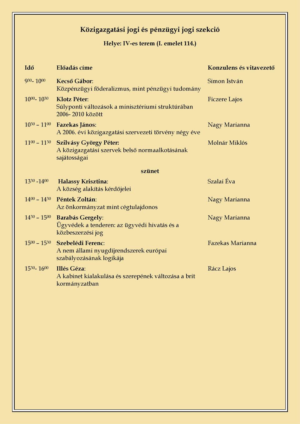 2006. évi közigazgatási szervezeti törvény négy éve 11 00 11 30 Szilvásy György Péter: A közigazgatási szervek belső normaalkotásának sajátosságai 13 30-14 00 Halassy Krisztina: A község alakítás