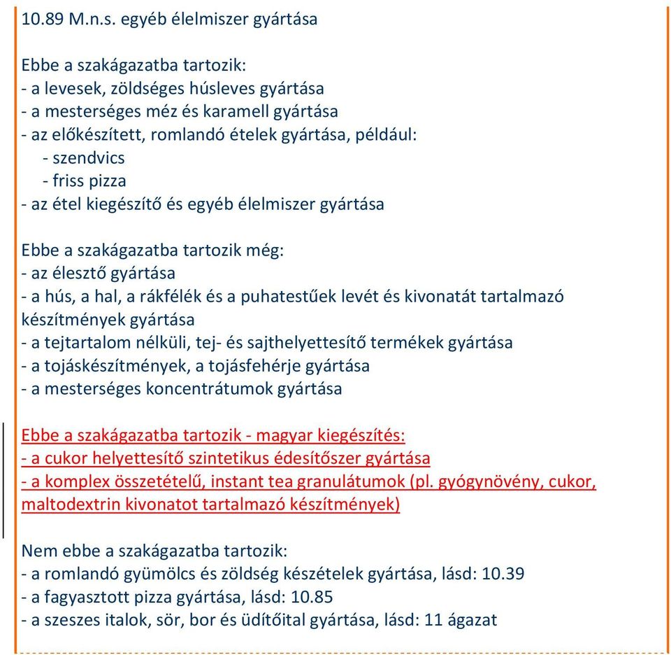egyéb élelmiszer gyártása Ebbe a szakágazatba tartozik még: az élesztő gyártása a hús, a hal, a rákfélék és a puhatestűek levét és kivonatát tartalmazó készítmények gyártása a tejtartalom nélküli,