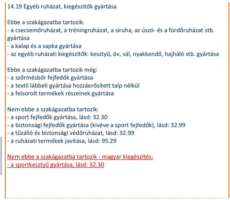 gyártása Ebbe a szakágazatba tartozik még: a szőrmésbőr fejfedők gyártása a textil lábbeli gyártása hozzáerősített talp nélkül a felsorolt termékek részeinek