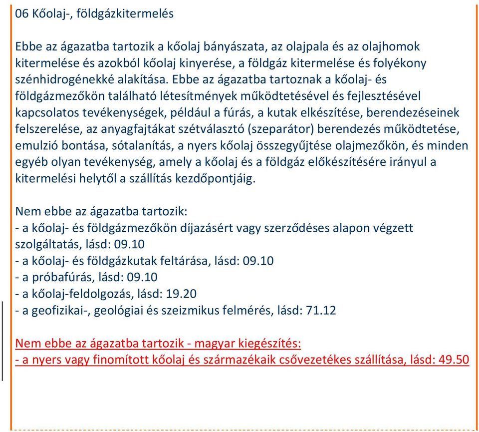 Ebbe az ágazatba tartoznak a kőolaj és földgázmezőkön található létesítmények működtetésével és fejlesztésével kapcsolatos tevékenységek, például a fúrás, a kutak elkészítése, berendezéseinek