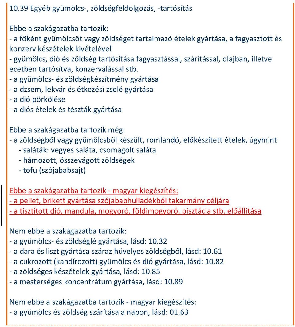 a gyümölcs és zöldségkészítmény gyártása a dzsem, lekvár és étkezési zselé gyártása a dió pörkölése a diós ételek és tészták gyártása Ebbe a szakágazatba tartozik még: a zöldségből vagy gyümölcsből