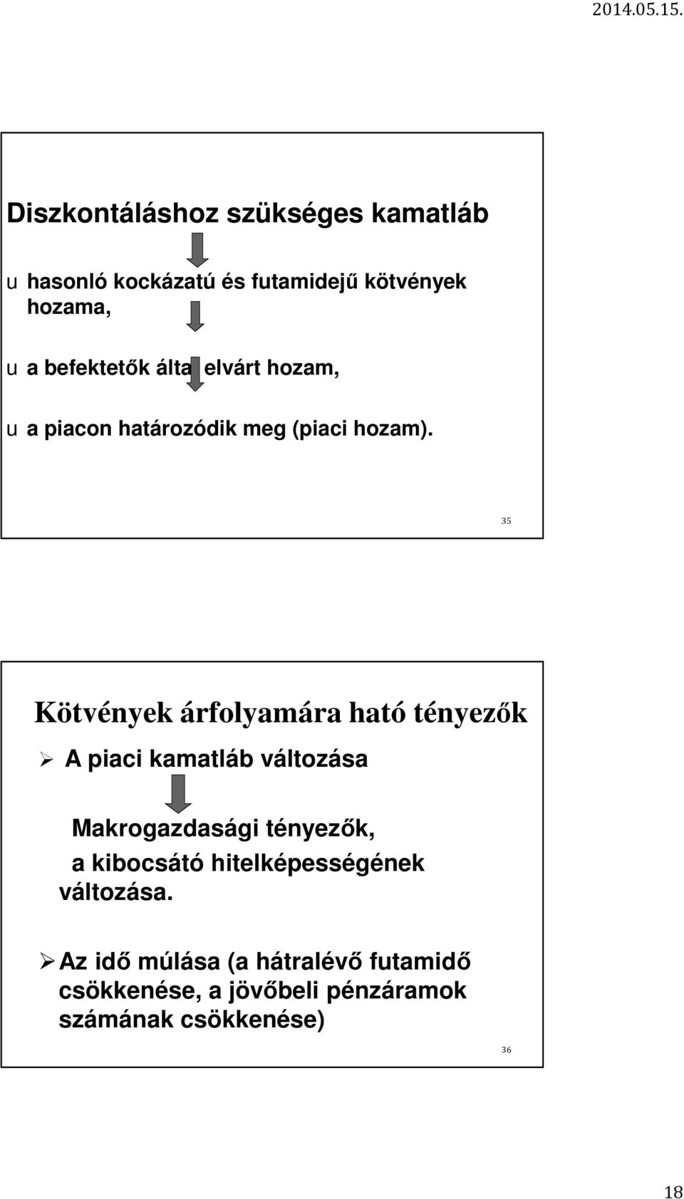 35 Kötvények árfolyamára ható tényezők A piaci kamatláb változása Makrogazdasági tényezők, a