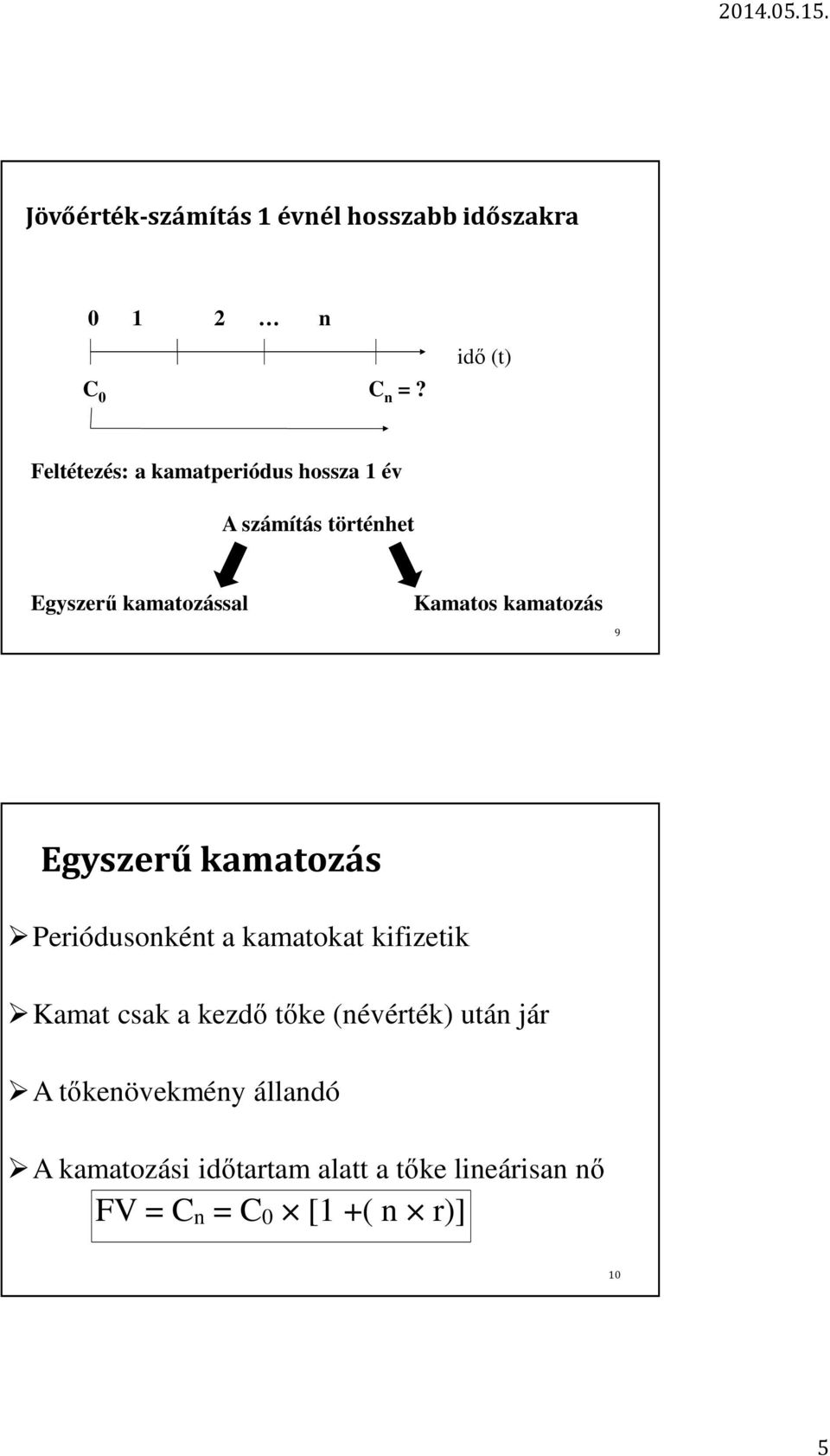 Kamatos kamatozás 9 Egyszerű kamatozás Periódusonként a kamatokat kifizetik Kamat csak a kezdő