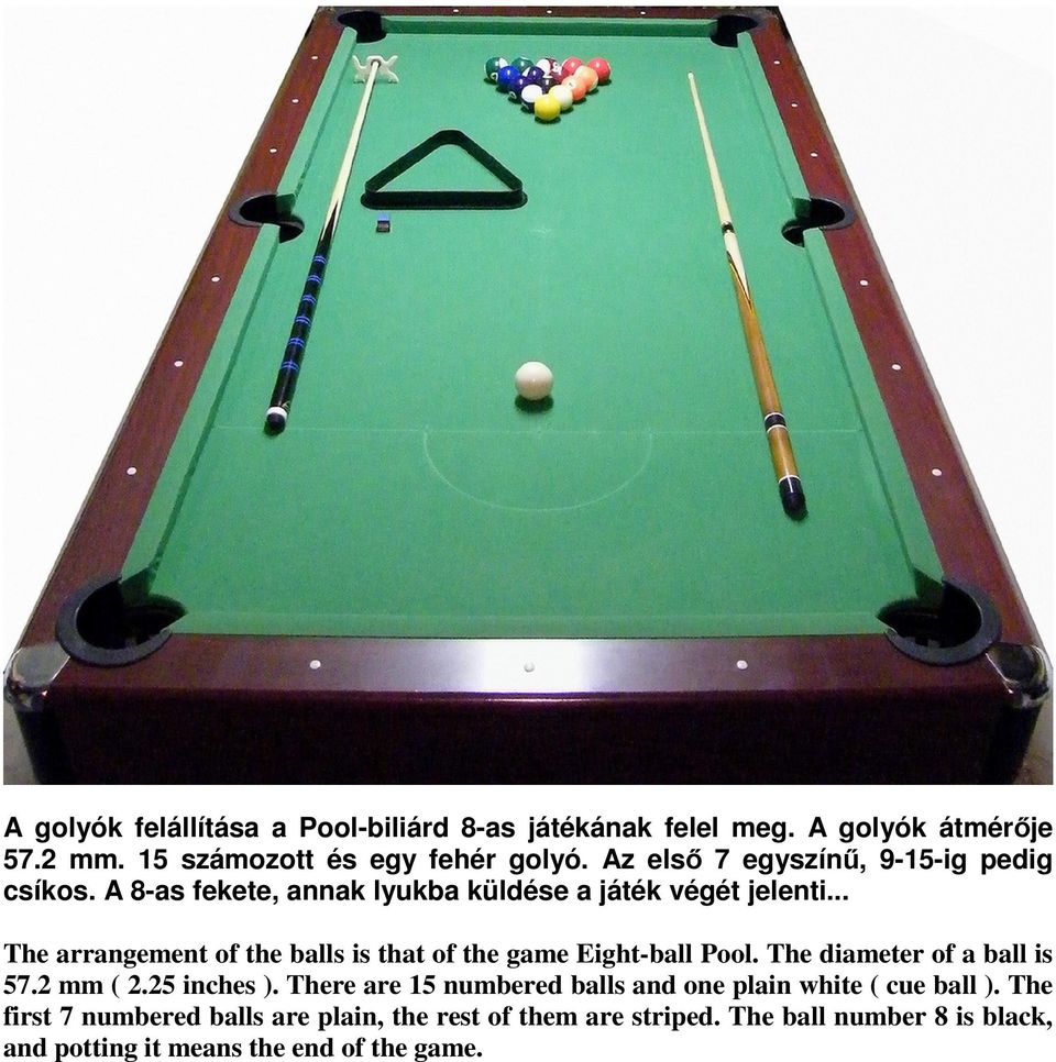 .. The arrangement of the balls is that of the game Eight-ball Pool. The diameter of a ball is 57.2 mm ( 2.25 inches ).