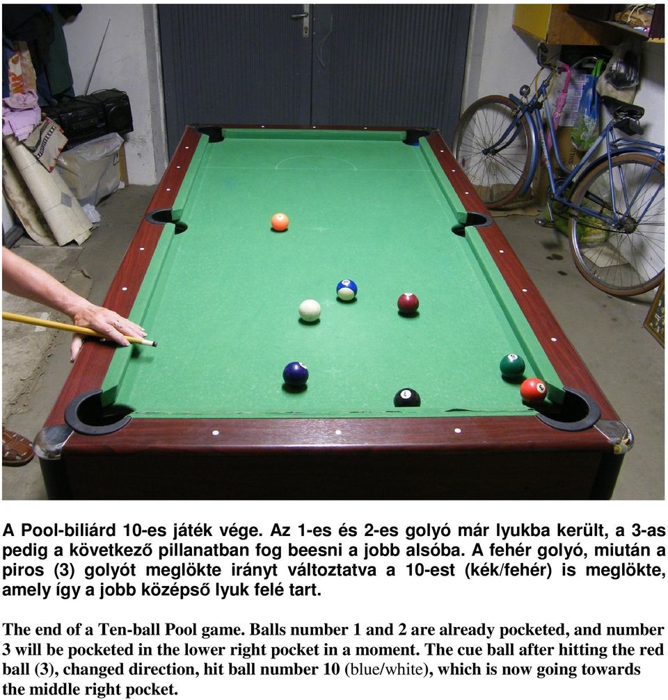 The end of a Ten-ball Pool game. Balls number 1 and 2 are already pocketed, and number 3 will be pocketed in the lower right pocket in a moment.