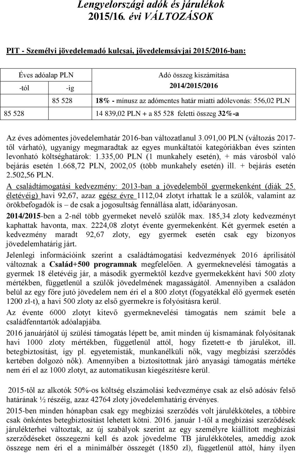 adólevonás: 556,02 PLN 85 528 14 839,02 PLN + a 85 528 feletti összeg 32%-a Az éves adómentes jövedelemhatár 2016-ban változatlanul 3.