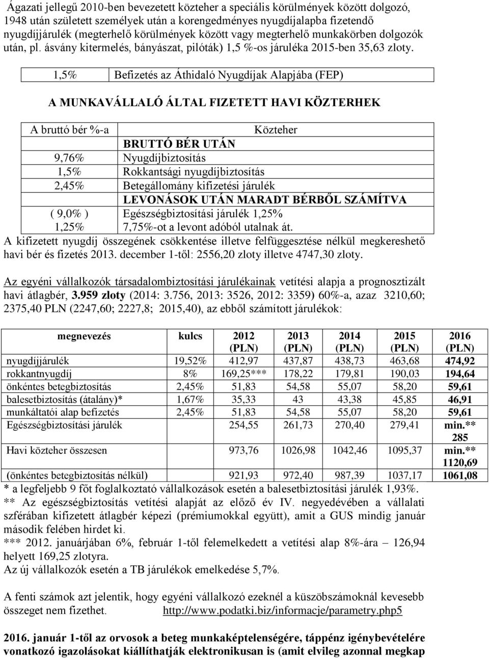 1,5% Befizetés az Áthidaló Nyugdíjak Alapjába (FEP) A MUNKAVÁLLALÓ ÁLTAL FIZETETT HAVI KÖZTERHEK A bruttó bér %-a Közteher BRUTTÓ BÉR UTÁN 9,76% Nyugdíjbiztosítás 1,5% Rokkantsági nyugdíjbiztosítás