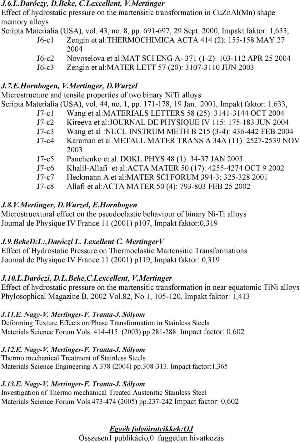2000, Impakt faktor: 1,633, J6-c1 Zengin et al:thermochimica ACTA 414 (2): 155-158 MAY 27 2004 J6-c2 Novoselova et al:mat SCI ENG A- 371 (1-2): 103-112 APR 25 2004 J6-c3 Zengin et al:mater LETT 57
