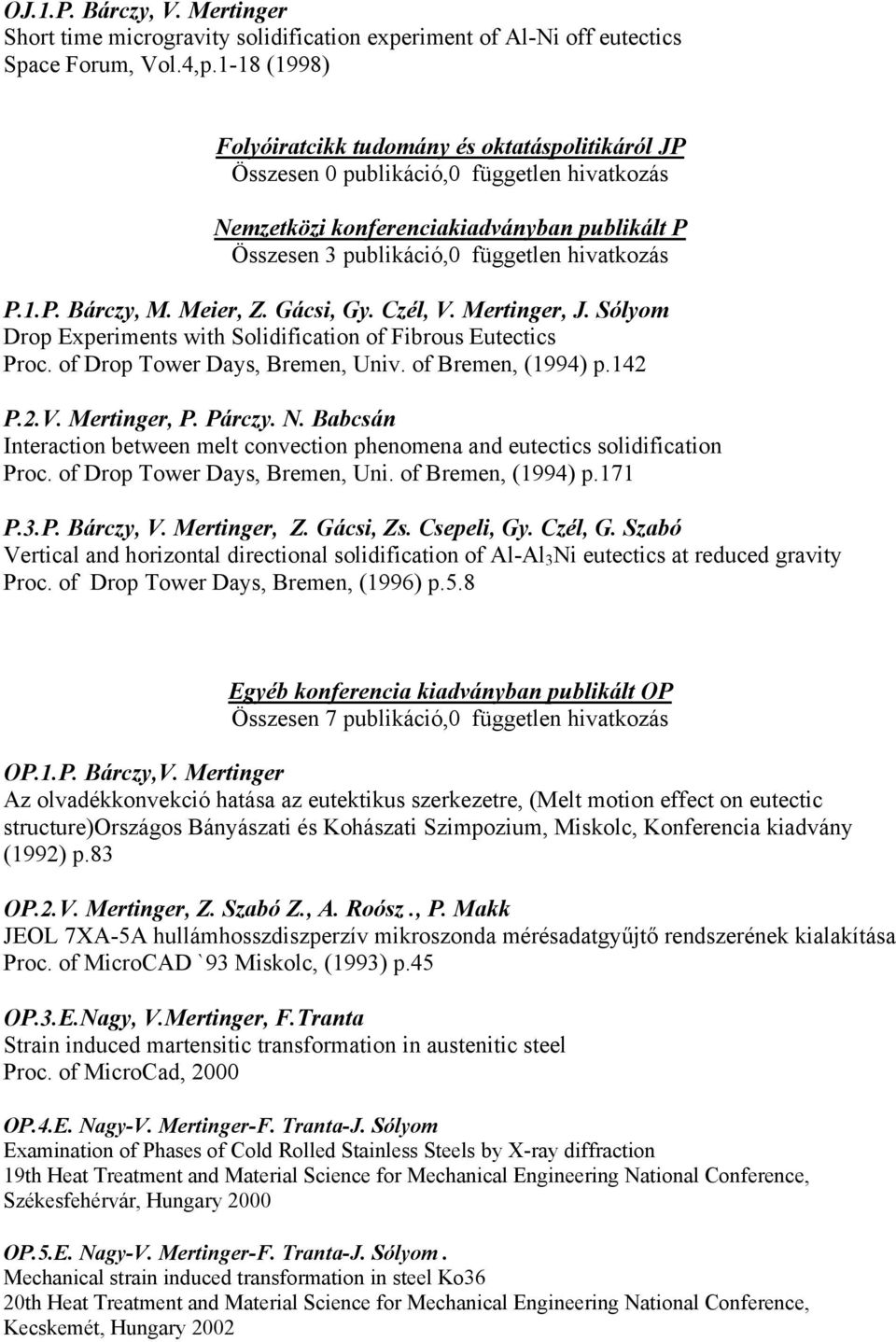 Meier, Z. Gácsi, Gy. Czél, V. Mertinger, J. Sólyom Drop Experiments with Solidification of Fibrous Eutectics Proc. of Drop Tower Days, Bremen, Univ. of Bremen, (1994) p.142 P.2.V. Mertinger, P.