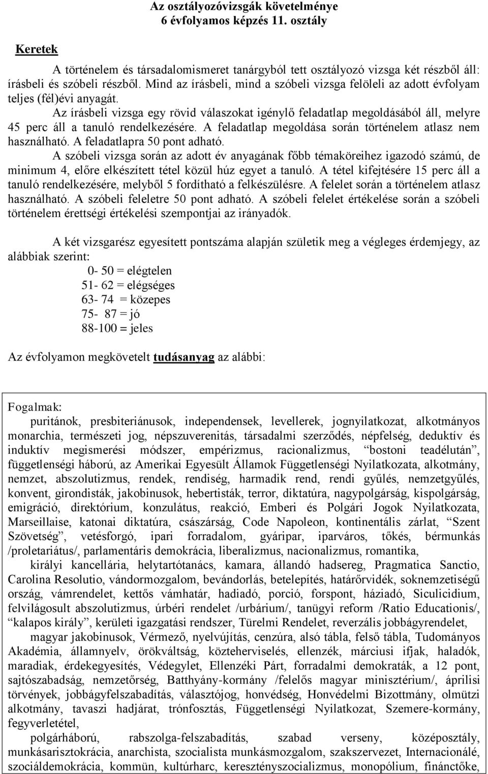 Az írásbeli vizsga egy rövid válaszokat igénylő feladatlap megoldásából áll, melyre 45 perc áll a tanuló rendelkezésére. A feladatlap megoldása során történelem atlasz nem használható.