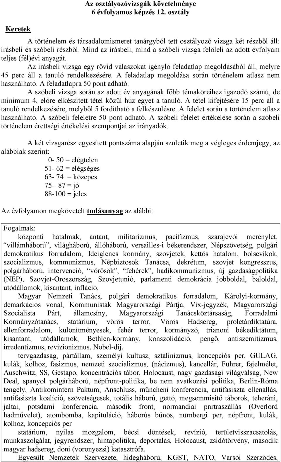 Az írásbeli vizsga egy rövid válaszokat igénylő feladatlap megoldásából áll, melyre 45 perc áll a tanuló rendelkezésére. A feladatlap megoldása során történelem atlasz nem használható.