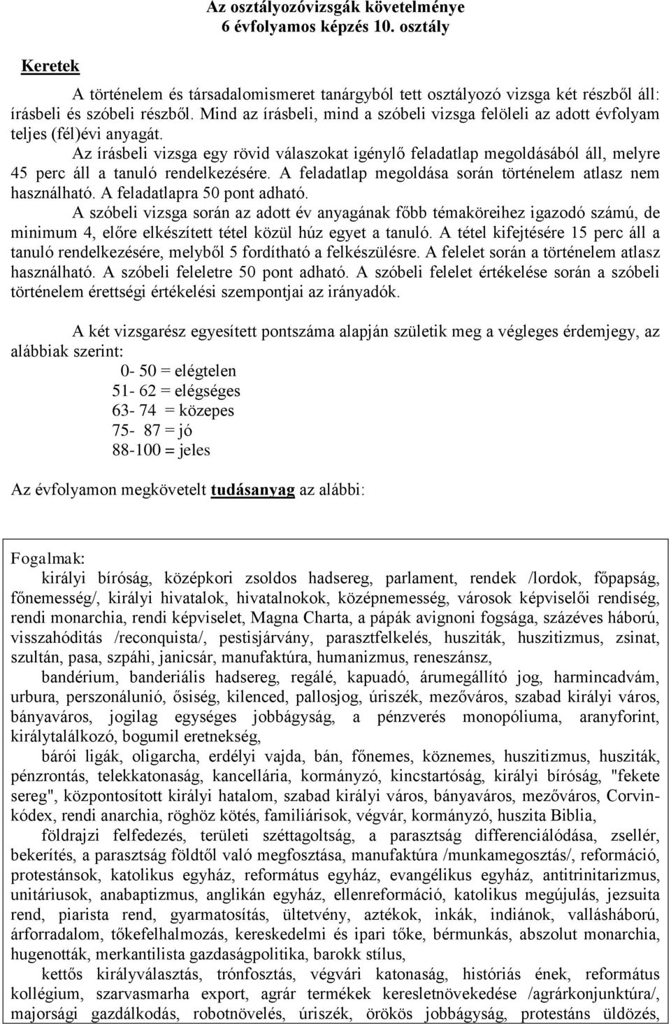 Az írásbeli vizsga egy rövid válaszokat igénylő feladatlap megoldásából áll, melyre 45 perc áll a tanuló rendelkezésére. A feladatlap megoldása során történelem atlasz nem használható.