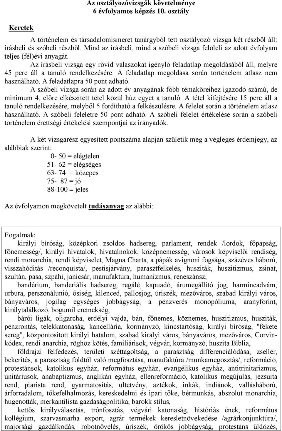 Az írásbeli vizsga egy rövid válaszokat igénylő feladatlap megoldásából áll, melyre 45 perc áll a tanuló rendelkezésére. A feladatlap megoldása során történelem atlasz nem használható.