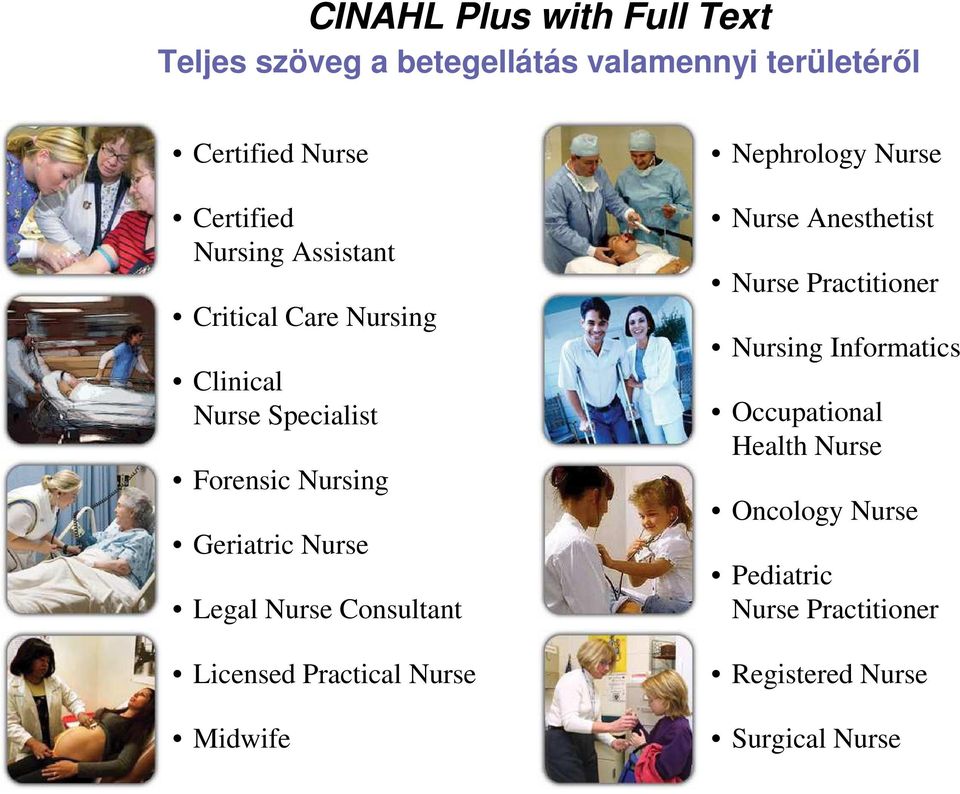 Nurse Consultant Licensed Practical Nurse Midwife Nephrology Nurse Nurse Anesthetist Nurse Practitioner